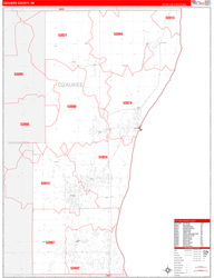 Ozaukee County, WI Wall Map Zip Code Red Line Style 2024