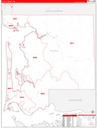 Pacific County, WA Wall Map Zip Code Red Line Style 2024