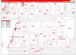 Pasco County, FL Wall Map Zip Code Red Line Style 2024