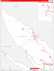 Pasquotank County, NC Wall Map Zip Code Red Line Style 2024