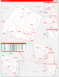 Passaic County, NJ Wall Map Zip Code Red Line Style 2024