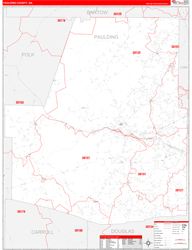 Paulding County, GA Wall Map Zip Code Red Line Style 2024
