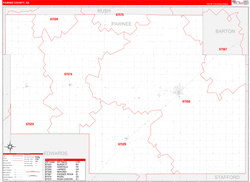 Pawnee County, KS Wall Map Zip Code Red Line Style 2024