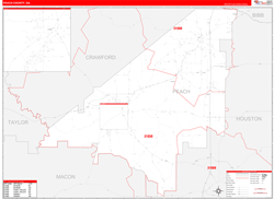 Peach County, GA Wall Map Zip Code Red Line Style 2024
