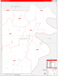 Pemiscot County, MO Wall Map Zip Code Red Line Style 2024