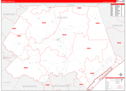 Pender County, NC Wall Map Zip Code Red Line Style 2024