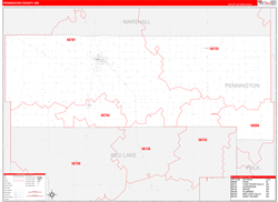 Pennington County, MN Wall Map Zip Code Red Line Style 2024