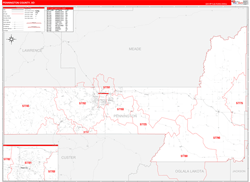 Pennington County, SD Wall Map Zip Code Red Line Style 2024