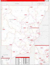 Peoria County, IL Wall Map Zip Code Red Line Style 2024
