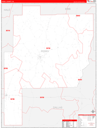 Perry County, AL Wall Map Zip Code Red Line Style 2024