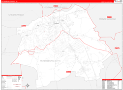 Petersburg County, VA Wall Map Zip Code Red Line Style 2024