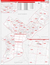 PhiladelphiaCounty, PA Wall Map Zip Code Red Line Style 2024