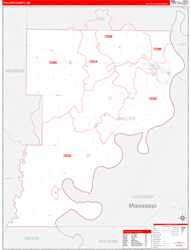 Phillips County, AR Wall Map Zip Code Red Line Style 2024