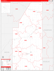 Piatt County, IL Wall Map Zip Code Red Line Style 2024
