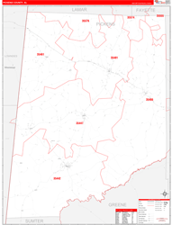 Pickens County, AL Wall Map Zip Code Red Line Style 2024