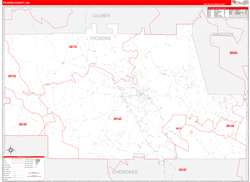 Pickens County, GA Wall Map Zip Code Red Line Style 2024