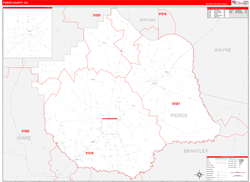 Pierce County, GA Wall Map Zip Code Red Line Style 2024