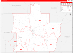 Pike County, AL Wall Map Zip Code Red Line Style 2024