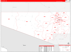 Pima County, AZ Wall Map Zip Code Red Line Style 2024