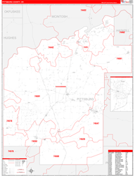Pittsburg County, OK Wall Map Zip Code Red Line Style 2024
