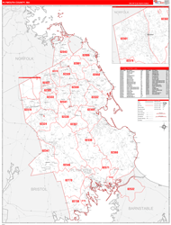 Plymouth County, MA Wall Map Zip Code Red Line Style 2024