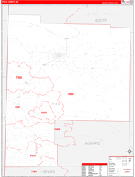 Polk County, AR Wall Map Zip Code Red Line Style 2024