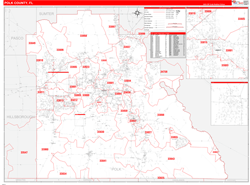 Polk County, FL Wall Map Zip Code Red Line Style 2023