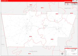 Polk County, GA Wall Map Zip Code Red Line Style 2024
