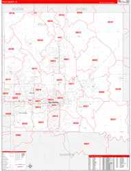 Polk County, IA Wall Map Zip Code Red Line Style 2024