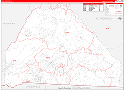 Polk County, NC Wall Map Zip Code Red Line Style 2026