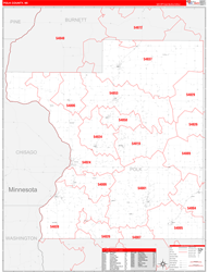 Polk County, WI Wall Map Zip Code Red Line Style 2024