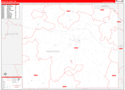 Pontotoc County, MS Wall Map Zip Code Red Line Style 2024