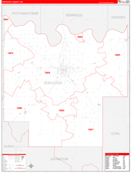 Pontotoc County, OK Wall Map Zip Code Red Line Style 2024