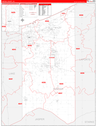 Porter County, IN Wall Map Zip Code Red Line Style 2024