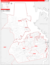 Portsmouth County, VA Wall Map Zip Code Red Line Style 2024