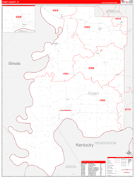 Posey County, IN Wall Map Zip Code Red Line Style 2024