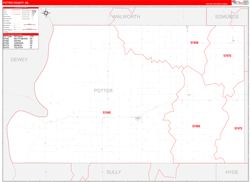 Potter County, SD Wall Map Zip Code Red Line Style 2024