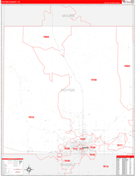 Potter County, TX Wall Map Zip Code Red Line Style 2024
