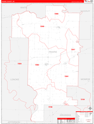 Prairie County, AR Wall Map Zip Code Red Line Style 2024