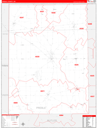 Preble County, OH Wall Map Zip Code Red Line Style 2024
