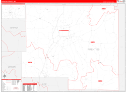 Prentiss County, MS Wall Map Zip Code Red Line Style 2024
