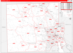 Providence County, RI Wall Map Zip Code Red Line Style 2024