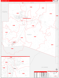 Pueblo County, CO Wall Map Zip Code Red Line Style 2024