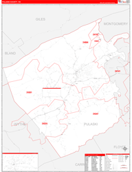 Pulaski County, VA Wall Map Zip Code Red Line Style 2024