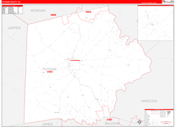 Putnam County, GA Wall Map Zip Code Red Line Style 2024
