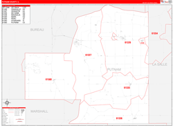 Putnam County, IL Wall Map Zip Code Red Line Style 2024