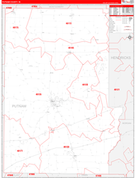 Putnam County, IN Wall Map Zip Code Red Line Style 2024