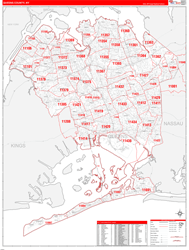 Queens County, NY Wall Map Zip Code Red Line Style 2024
