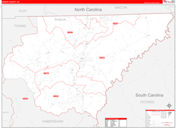 Rabun County, GA Wall Map Zip Code Red Line Style 2024