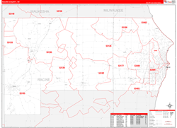 Racine County, WI Wall Map Zip Code Red Line Style 2024